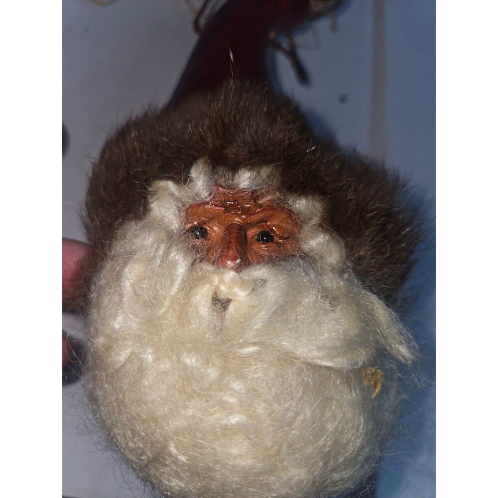 Hanging Santa Head Christmas Ornament Brown & White Wood 1pc